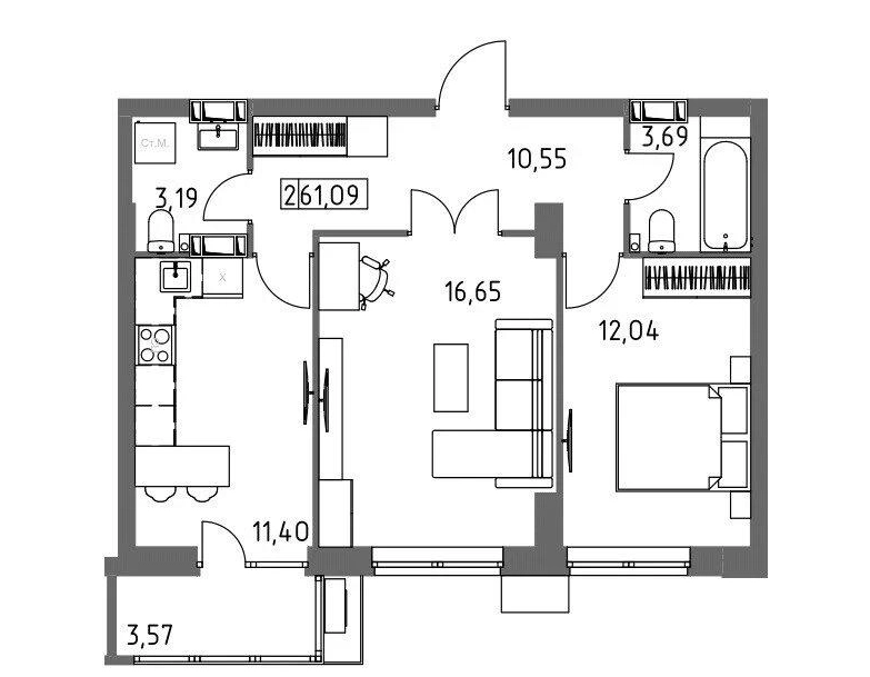 2-комн., 61.09 м²