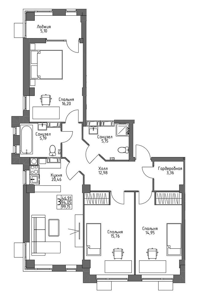 3-комн., 93.2 м²